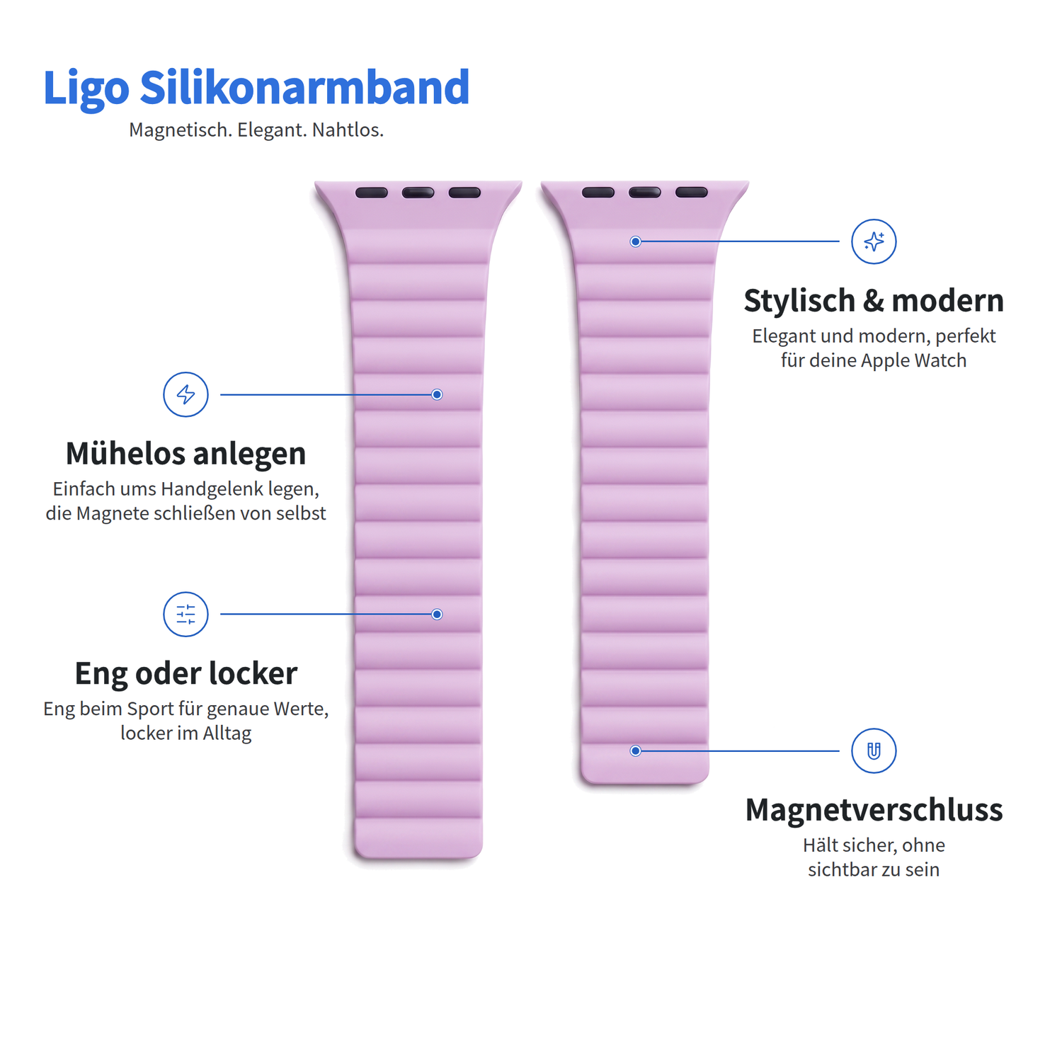 Zwei hellviolette Arktisband-Apple-Watch-Armbänder aus magnetischem Silikon namens Ligo mit Hinweisen zu Benutzerfreundlichkeit und Stil.