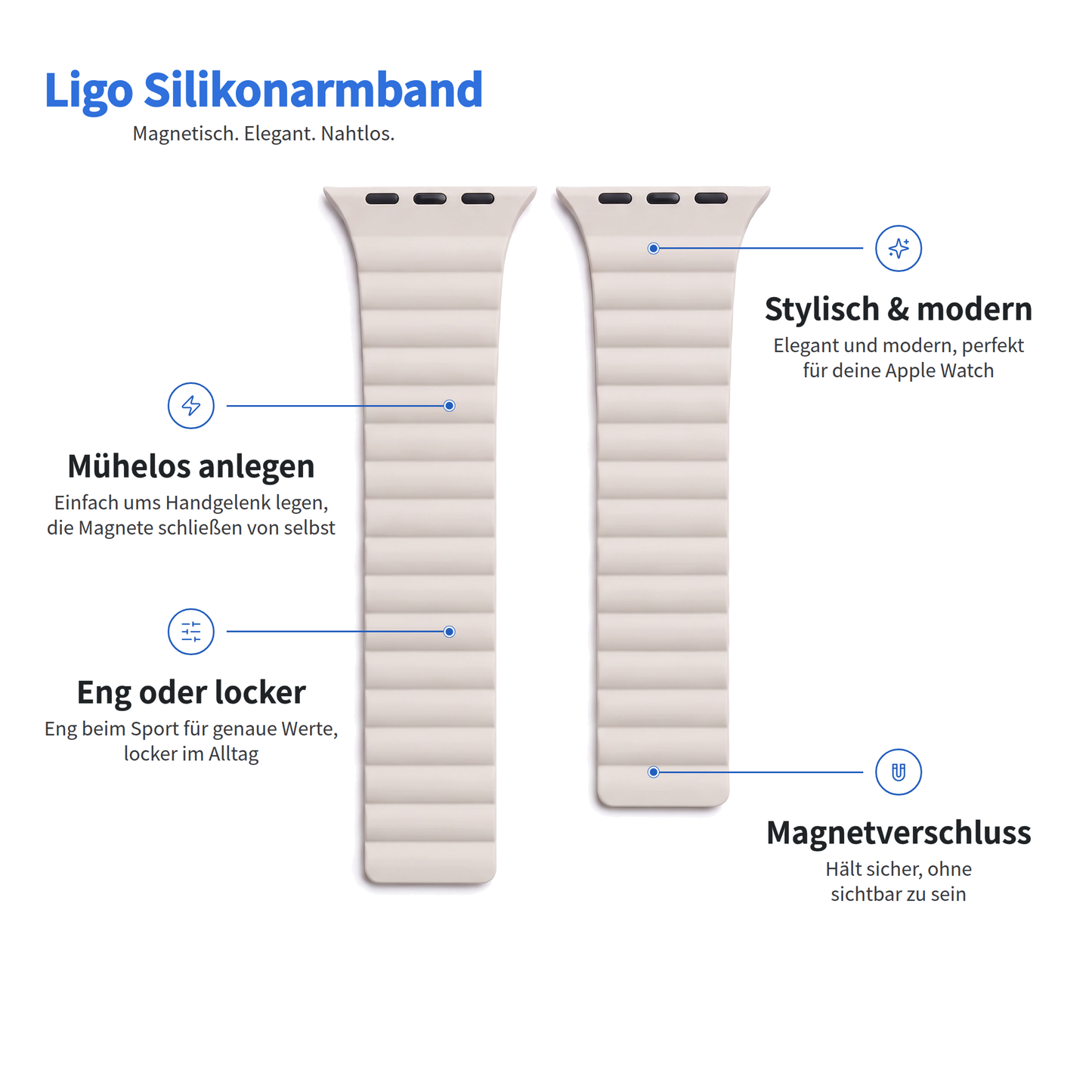 Hellgraues Arktisband – magnetisches Silikonarmband Ligo für die Apple Watch mit Infografiken, die die Funktionen des Armbands hervorheben.