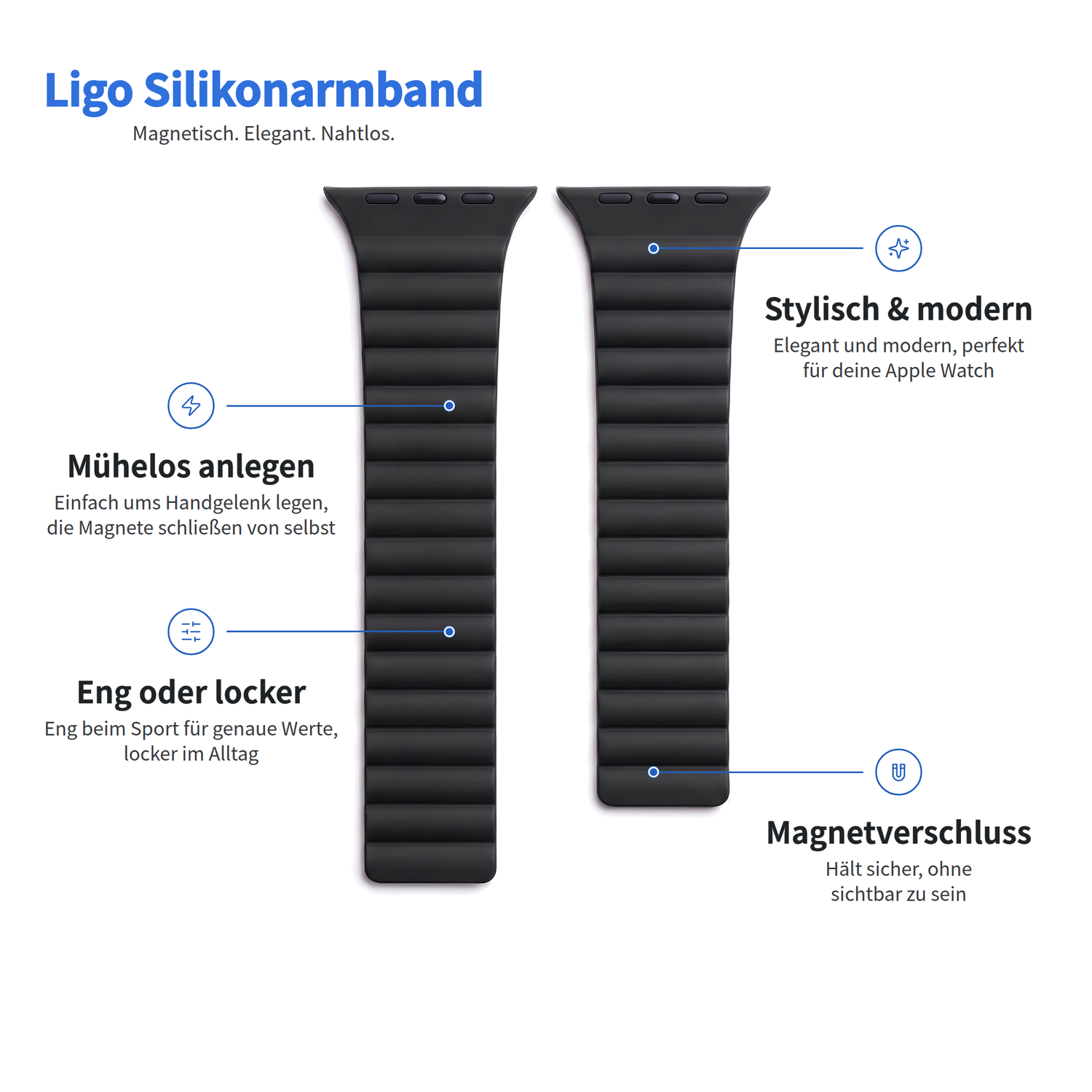 Zwei Teile eines arktisband Apple Watch-Silikonarmbands Ligo mit magnetischen Befestigungspunkten und Produktbeschreibung.