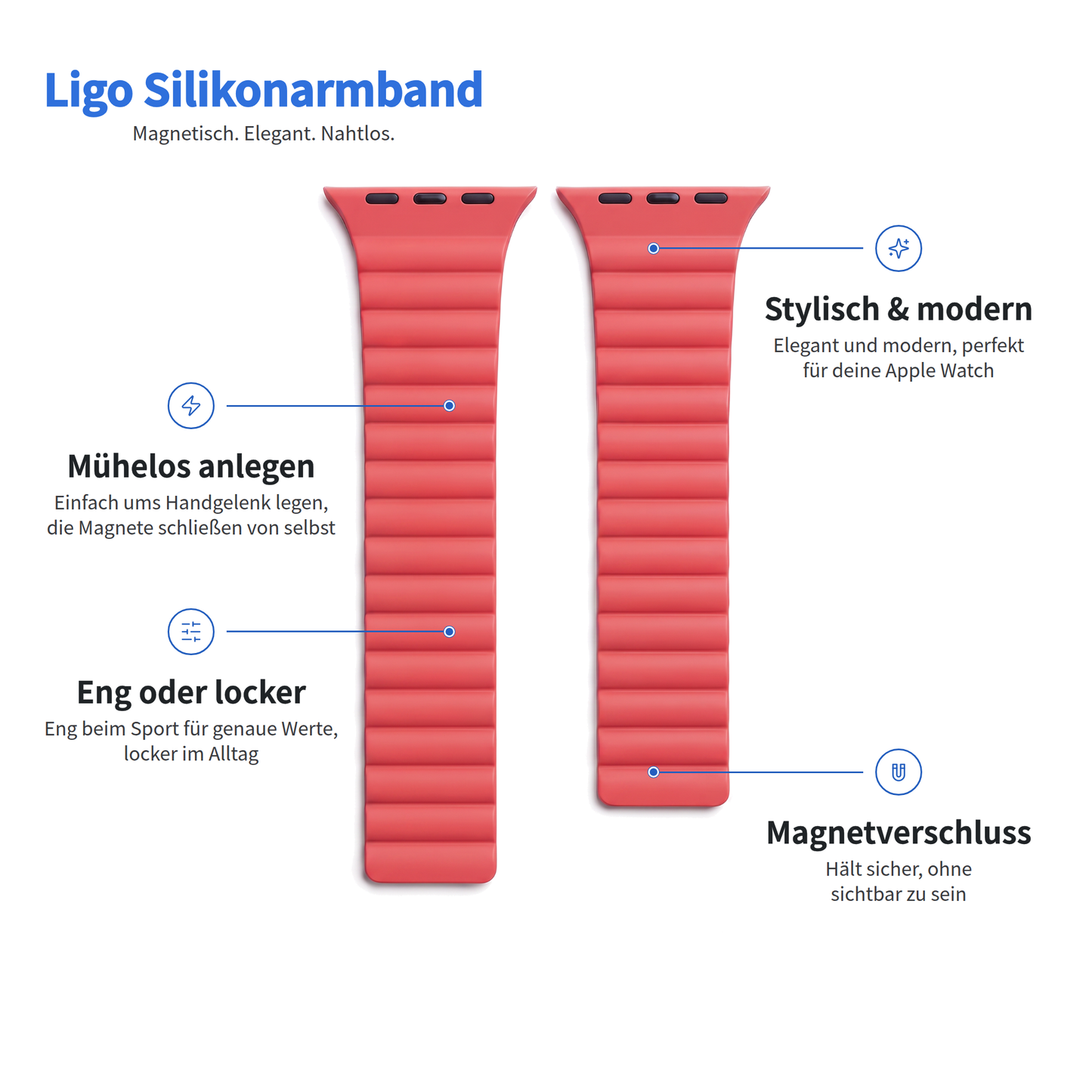 Zwei rote Arktisband Ligo-Magnet-Silikonarmbänder für die Apple Watch, abgebildet mit Produktetiketten.
