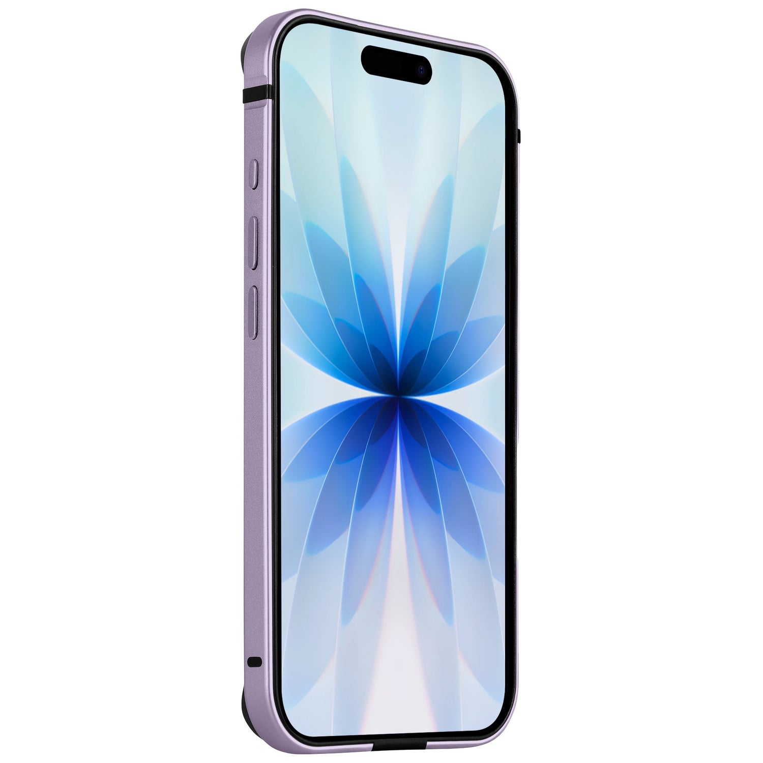 Der arktis iPhone 17 Bumper von arktis zeigt ein lilafarbenes Smartphone mit einem blauen Blumenmuster auf dem Bildschirm, das von einer Aluminium-TPU-Hülle geschützt wird, aus einem Blickwinkel von vorne links.