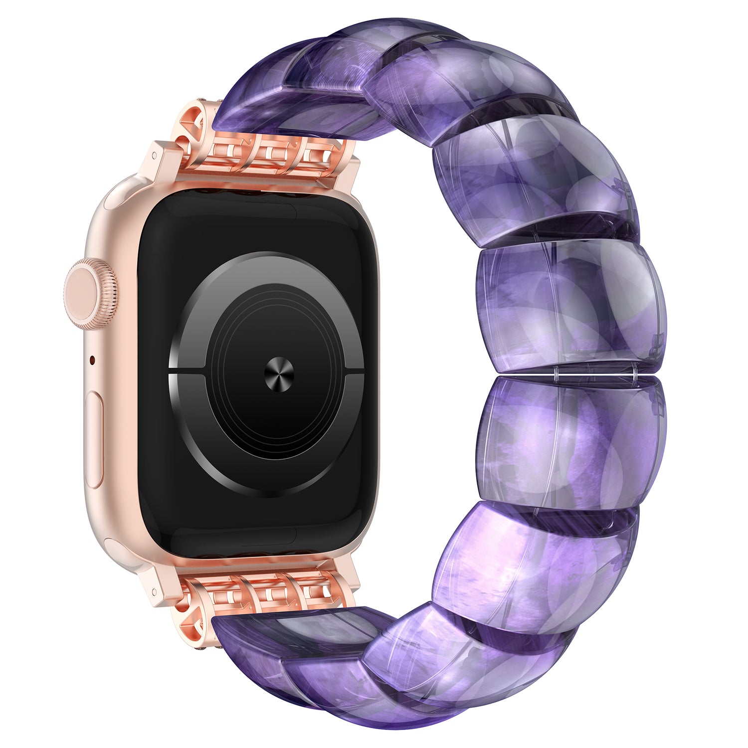 Das arktisband Apple Watch "Stone Pearl" verfügt über ein roségoldenes Gehäuse und ein glänzendes, lilafarbenes Naturstein-Armband, das bei ausgeschaltetem Bildschirm nach vorne gerichtet ist.