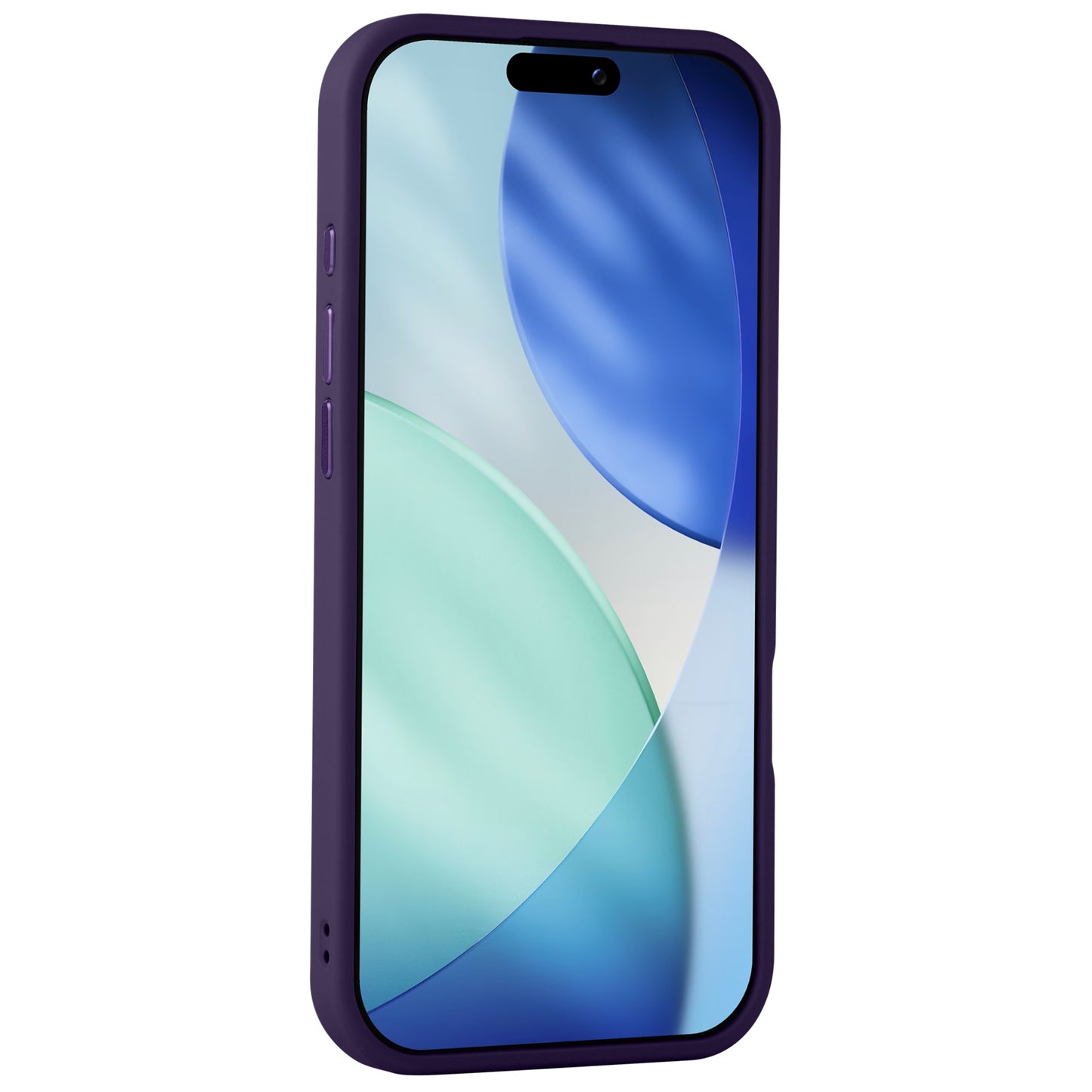 Ein iPhone mit einem Arktis iPhone Air Solid Case aus lila mattem TPU-Silikon von Arktis und einem abstrakten blau-grünen Hintergrundbild auf dem Bildschirm.
