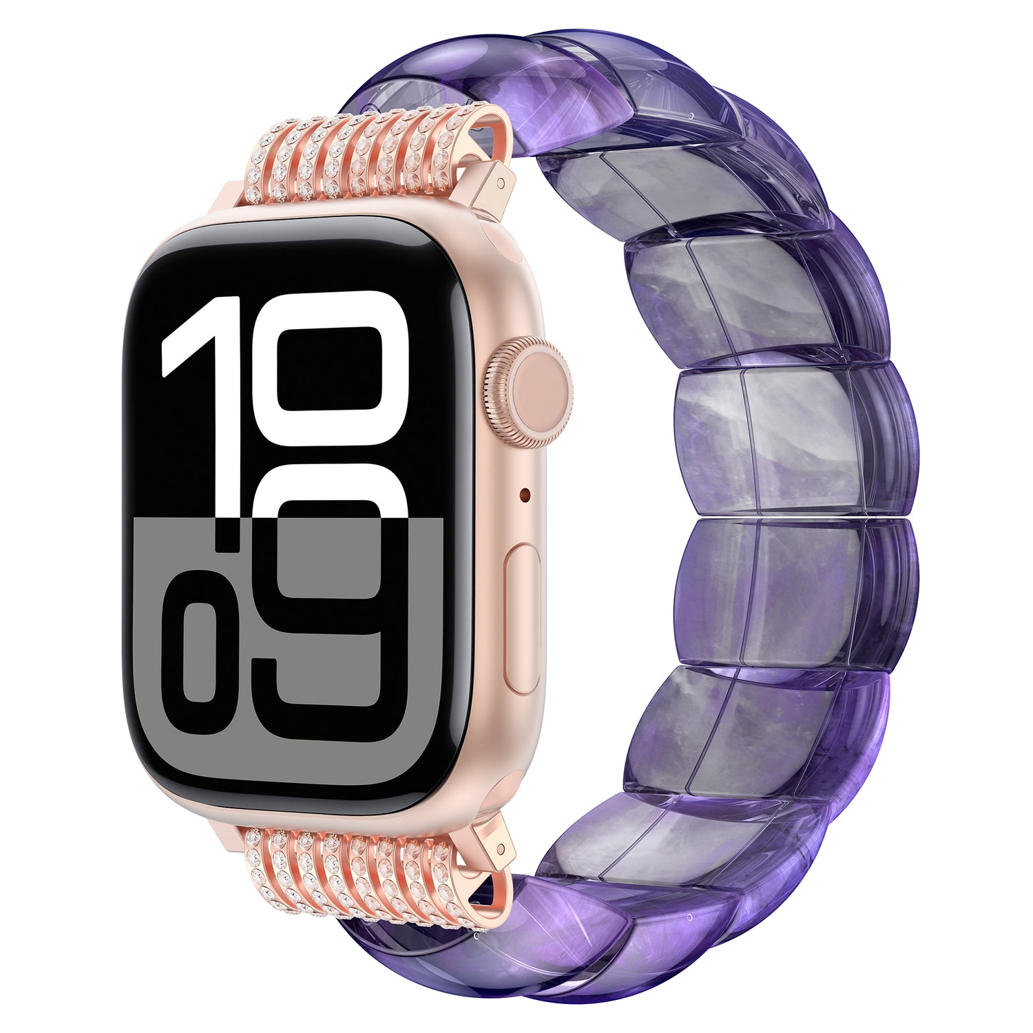 Das arktisband Apple Watch "Stone Pearl" hat ein roségoldenes Gehäuse und ein lilafarbenes, durchscheinendes Stein-Armband für einen stilvollen, modernen Look.
