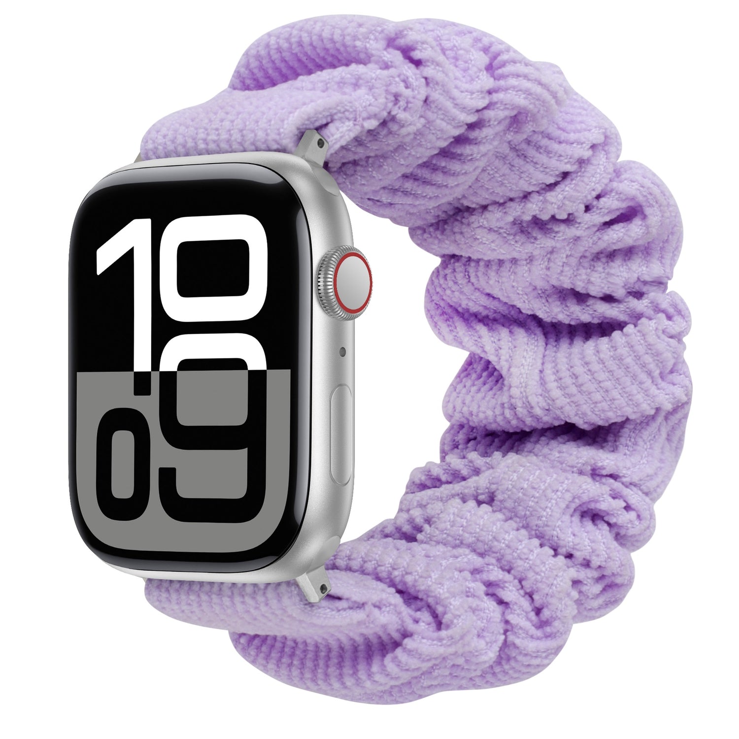 Das arktisband Apple Watch Cord Scrunchie Armband "Elanora" mit lavendelfarbenem Design und auffälliger digitaler Uhranzeige verbindet stilvollen Komfort mit arktisband Qualität.