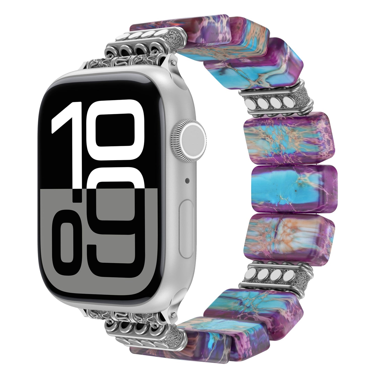 Das arktisband Apple Watch "Stone Loop" ist ein farbenfrohes, klobiges Naturstein-Armband in Lila-, Blau- und Rosatönen, Apple Watch-kompatibel und mit der Anzeige 10:09 versehen.