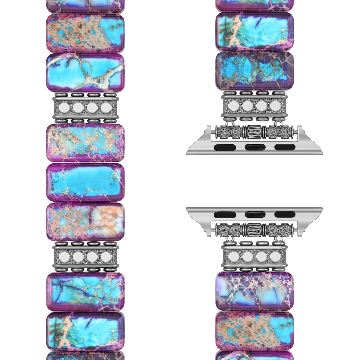 Arktisband Apple Watch "Stone Loop" von arktisband, ein farbenfrohes Natursteinband mit silbernen Anschlüssen, kompatibel mit der Apple Watch und vertikal auf einem weißen Hintergrund.