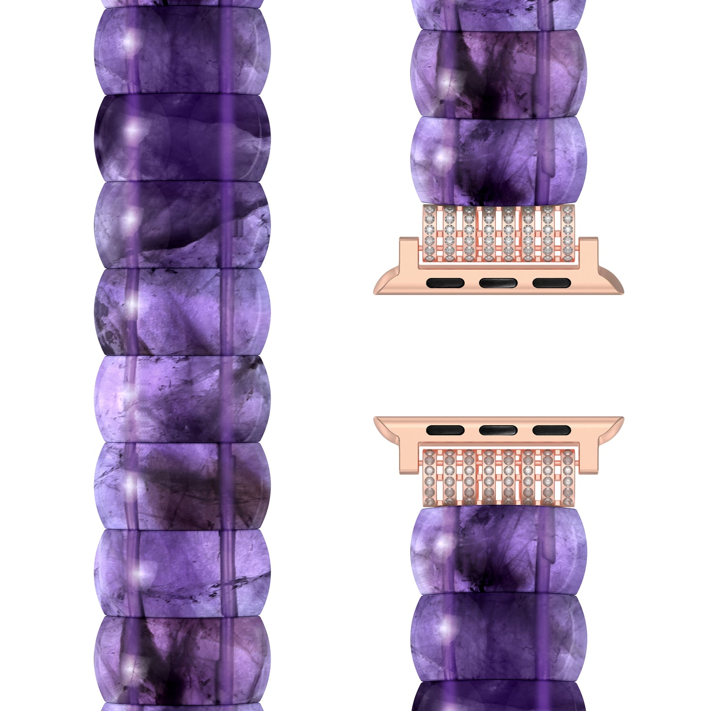 Nahaufnahme des arktisband Apple Watch "Stone Pearl" Armbands aus lila Edelstein mit roségoldenen Anschlüssen, dargestellt aus verschiedenen Blickwinkeln.