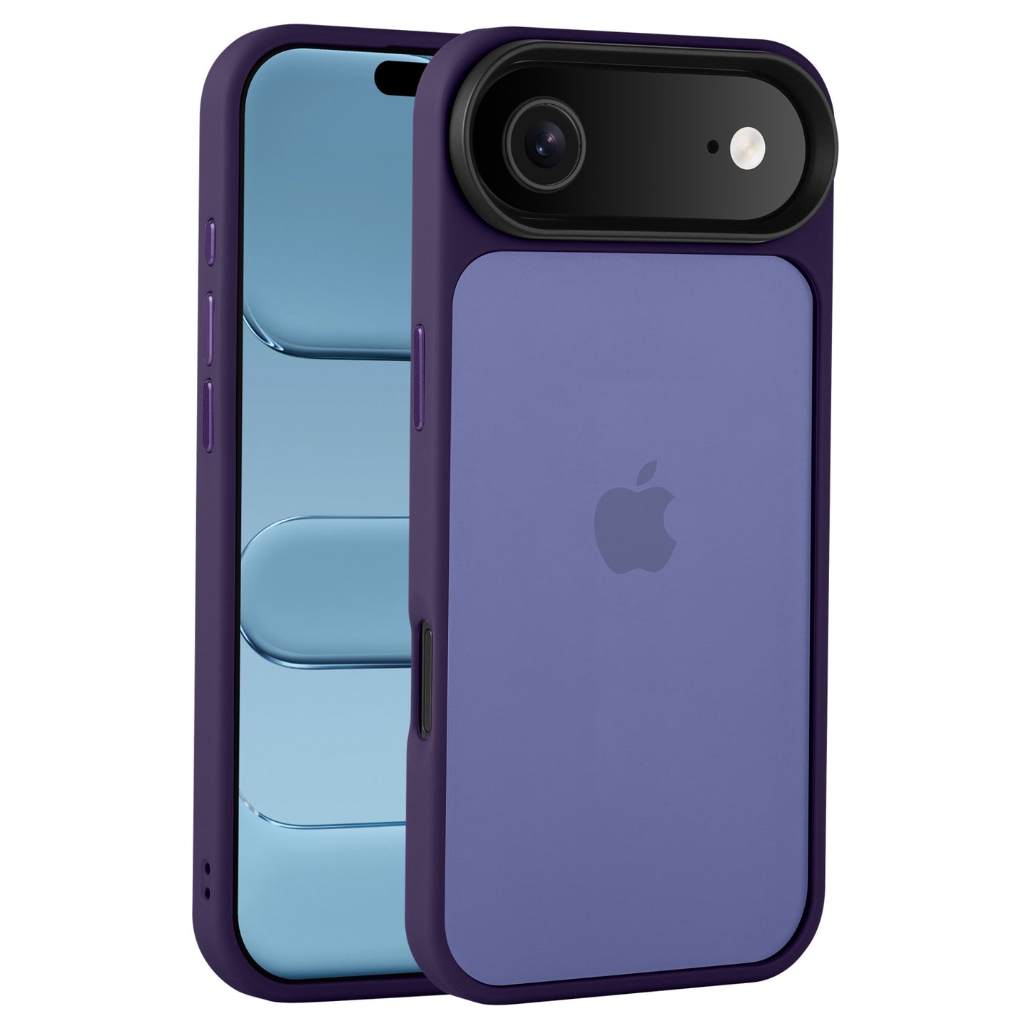 Ein lilafarbenes iPhone mit dem Arktis iPhone Air Solid Case von Arktis, das mit stoßabsorbierendem TPU-Silikon für zusätzlichen Schutz sorgt, wird in Vorder- und Rückansicht gezeigt.