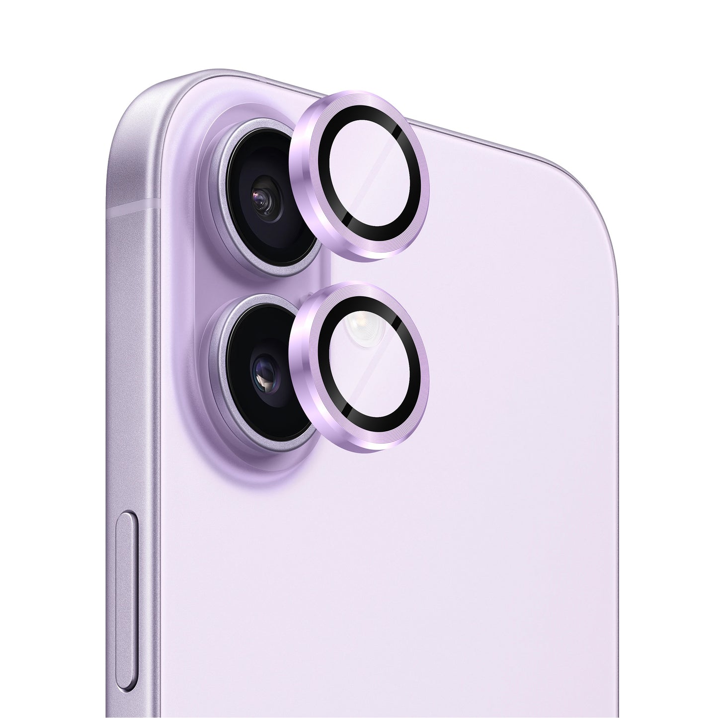 Nahaufnahme eines lilafarbenen Smartphones mit zwei abgenommenen arktis iPhone 17 Lens Protectors, die über den Linsen schweben und den fortschrittlichen Kameraschutz von arktis verdeutlichen.