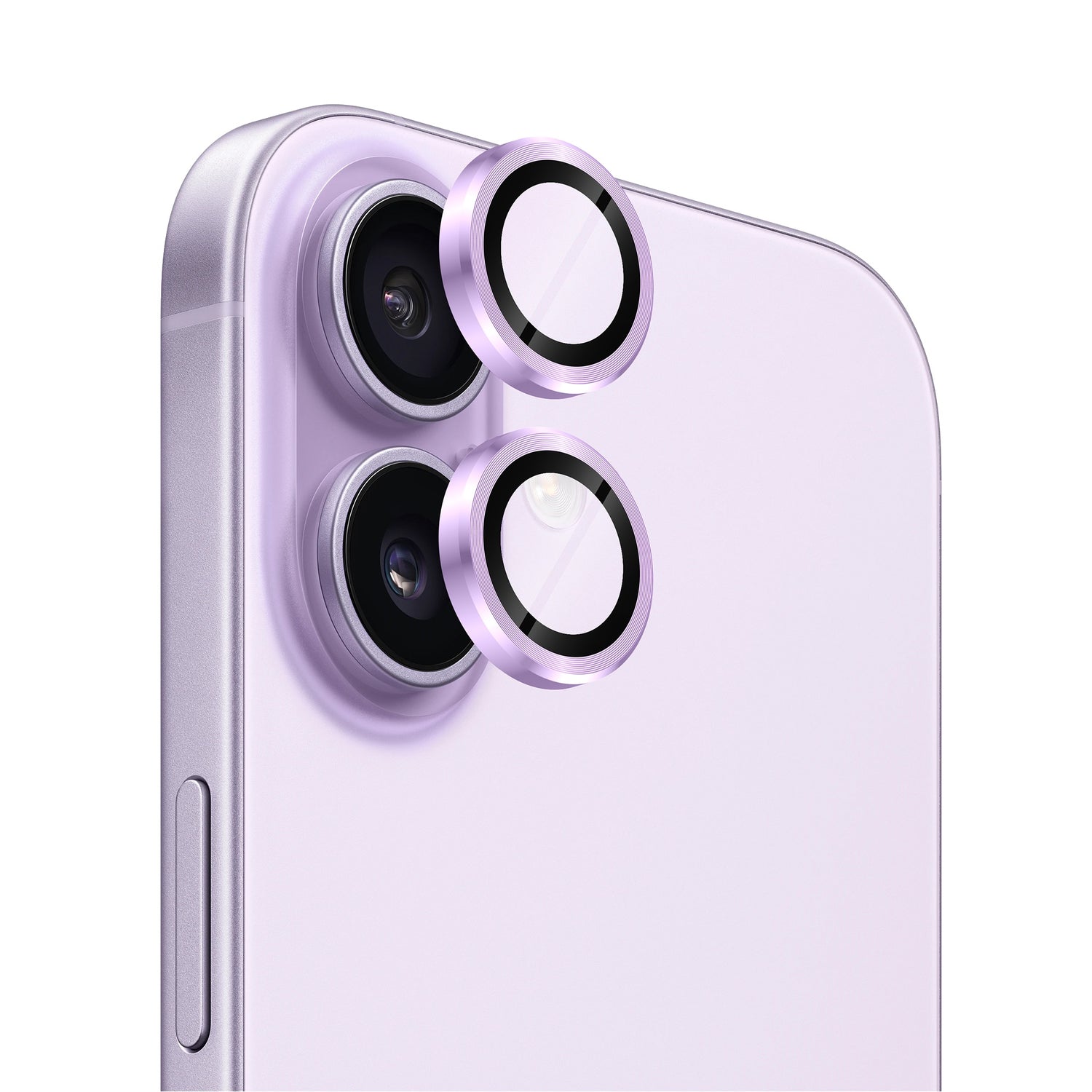 Nahaufnahme eines lilafarbenen Smartphones mit zwei abgenommenen arktis iPhone 17 Lens Protectors, die über den Linsen schweben und den fortschrittlichen Kameraschutz von arktis verdeutlichen.
