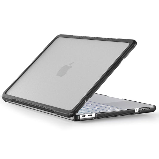 Arktis Armor Case für MacBook Neo in einem schützenden schwarzen Rahmen, aus einem Blickwinkel von hinten gezeigt.