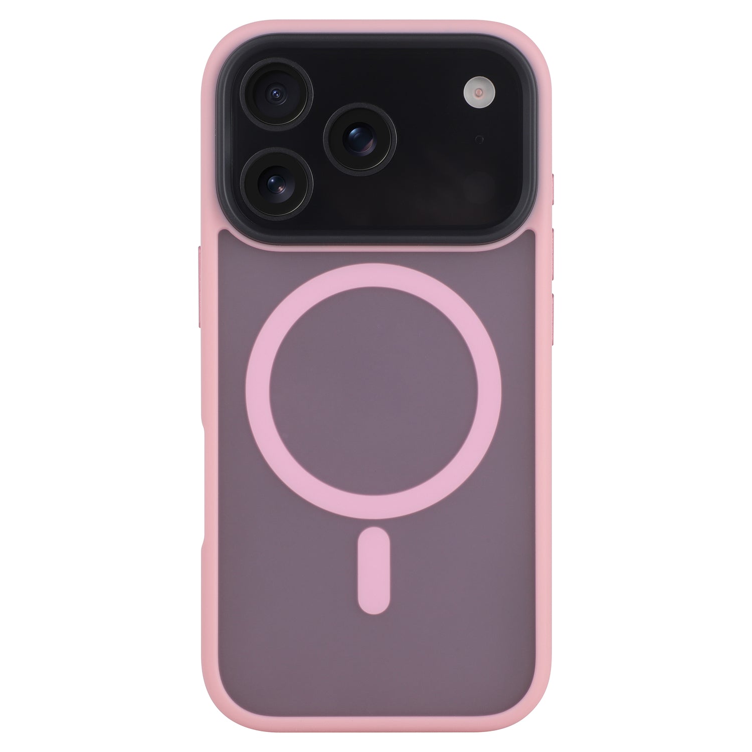 Ein rosa und graues, mattes Arktis iPhone 17 Pro Max Solid Case mit MagSafe-Ring wird auf einem Smartphone mit dreifacher Rückkamera gezeigt.