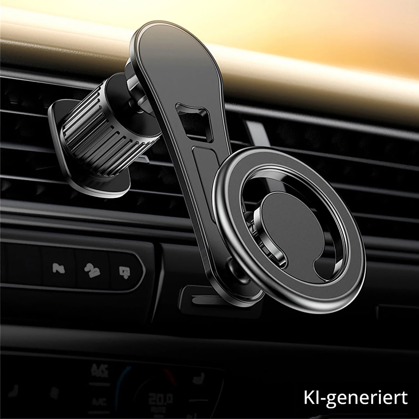 Die ArktisPRO MagSafe Autohalterung von ArktisPRO, in schwarz, ist auf einer Auto-Luftklappe montiert, wobei die Bedienelemente des Armaturenbretts im Hintergrund zu sehen sind. KI-generiert.