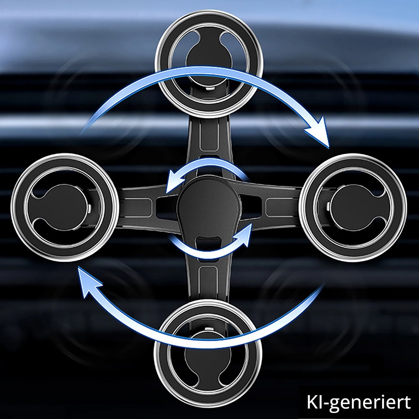Ein schwarzer vierarmiger Fidget Spinner dreht sich, mit blauen Pfeilen, die die Bewegung anzeigen, ähnlich der ArktisPRO MagSafe Autohalterung von ArktisPRO. KI-generiert.