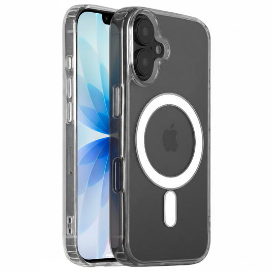 Das arktis iPhone 17 PureCase mit MagSafe ist eine klare, stoßfeste Hülle mit MagSafe-Ring von arktis, hier mit einem iPhone 17 mit blauem Blumen-Hintergrundbild.