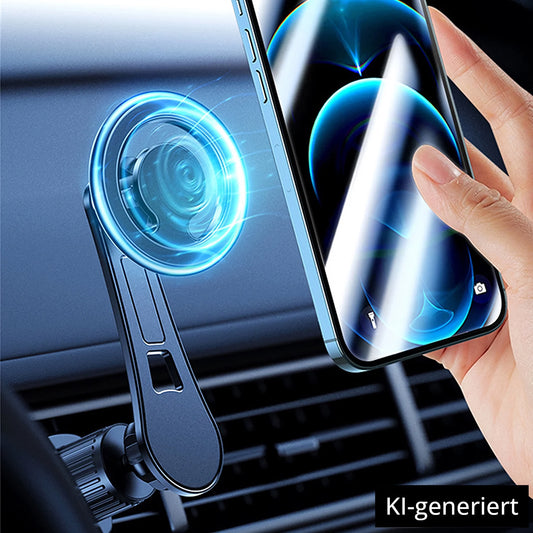Eine Hand bringt ein Smartphone an einer ArktisPRO MagSafe Autohalterung auf einem Armaturenbrett an, mit 360° Rotation und Lichteffekten. KI-generiert.