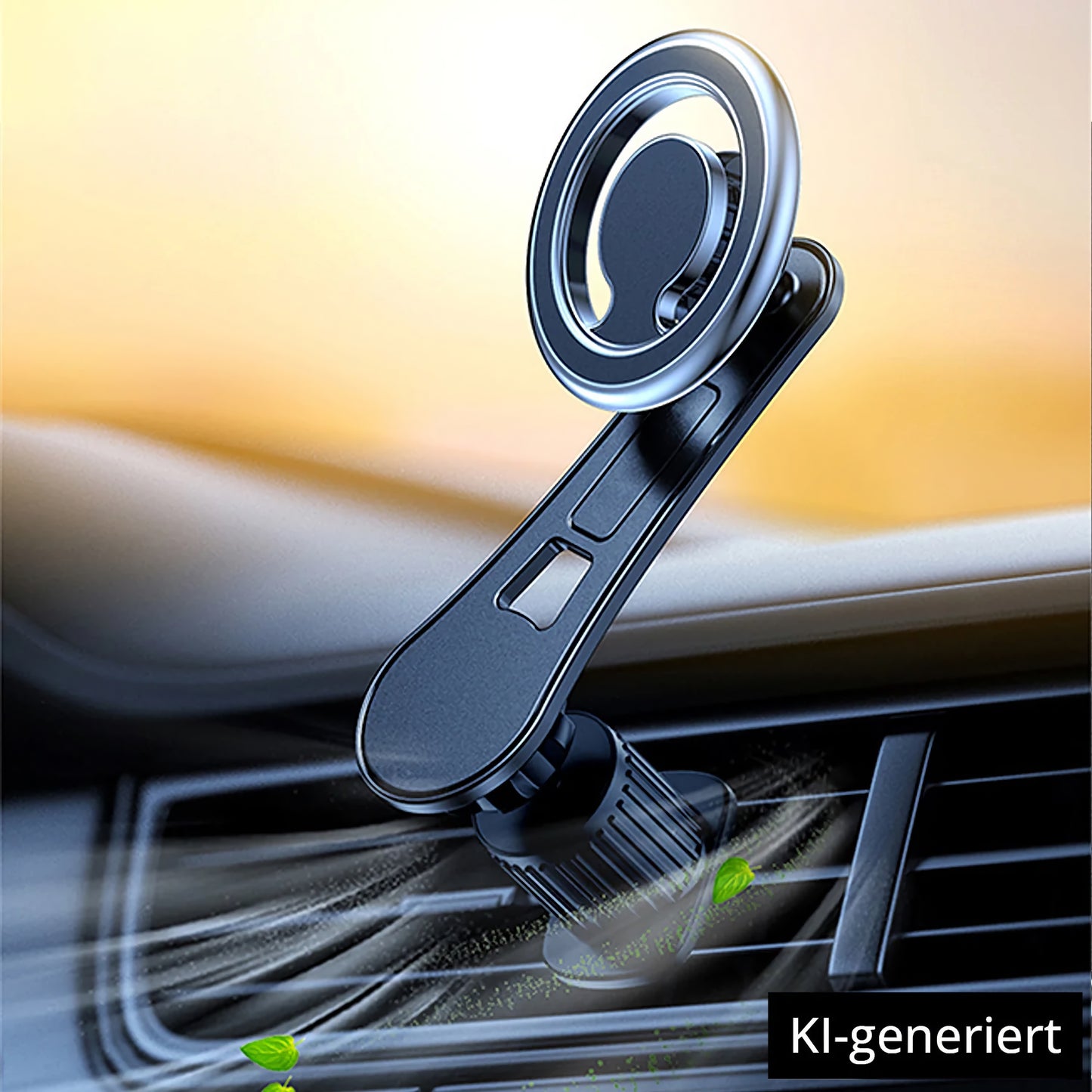 ArktisPRO MagSafe Autohalterung, eine magnetische Handyhalterung von ArktisPRO, lässt sich an der Lüftungsöffnung befestigen und verfügt über eine 360°-Drehung für eine sichere, flexible Befestigung - Luftstrom und grüne Blätter veranschaulichen das lüftungsfreundliche Design. KI-generiert.