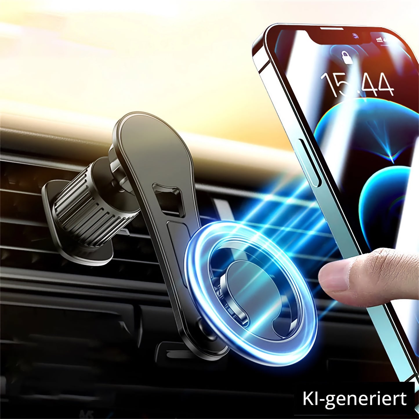 Die ArktisPRO MagSafe Autohalterung von ArktisPRO befestigt Ihr Smartphone mit einer magnetischen Halterung und 360° drehbarem Design an der Lüftungsöffnung des Autos - perfekt als iPhone Halterung Auto. KI-generiert.