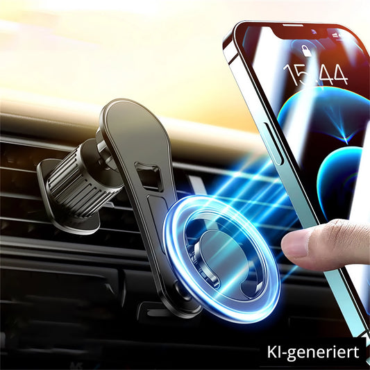 Die ArktisPRO MagSafe Autohalterung von ArktisPRO befestigt Ihr Smartphone mit einer magnetischen Halterung und 360° drehbarem Design an der Lüftungsöffnung des Autos - perfekt als iPhone Halterung Auto. KI-generiert.