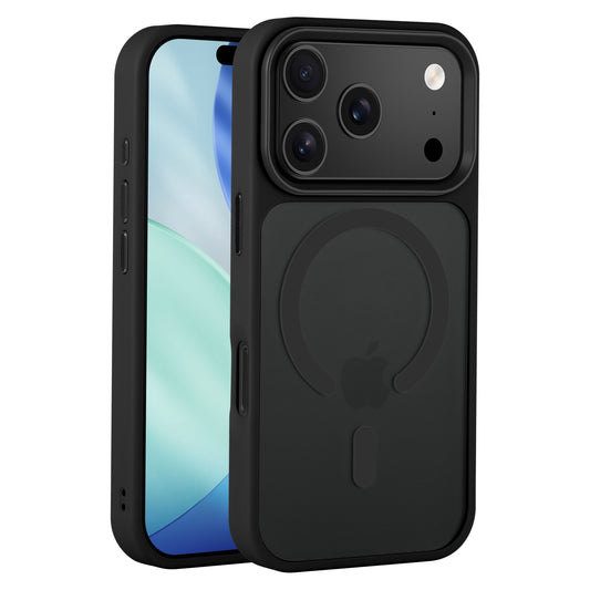 Die Arktis iPhone 17 Pro Solid Case mit MagSafe von Arktis schützt Ihr Gerät stilvoll und sicher. Die schwarze, matte Hülle verfügt über einen MagSafe-kompatiblen Ring und ist auf einem iPhone mit blau-grünem Bildschirm abgebildet.