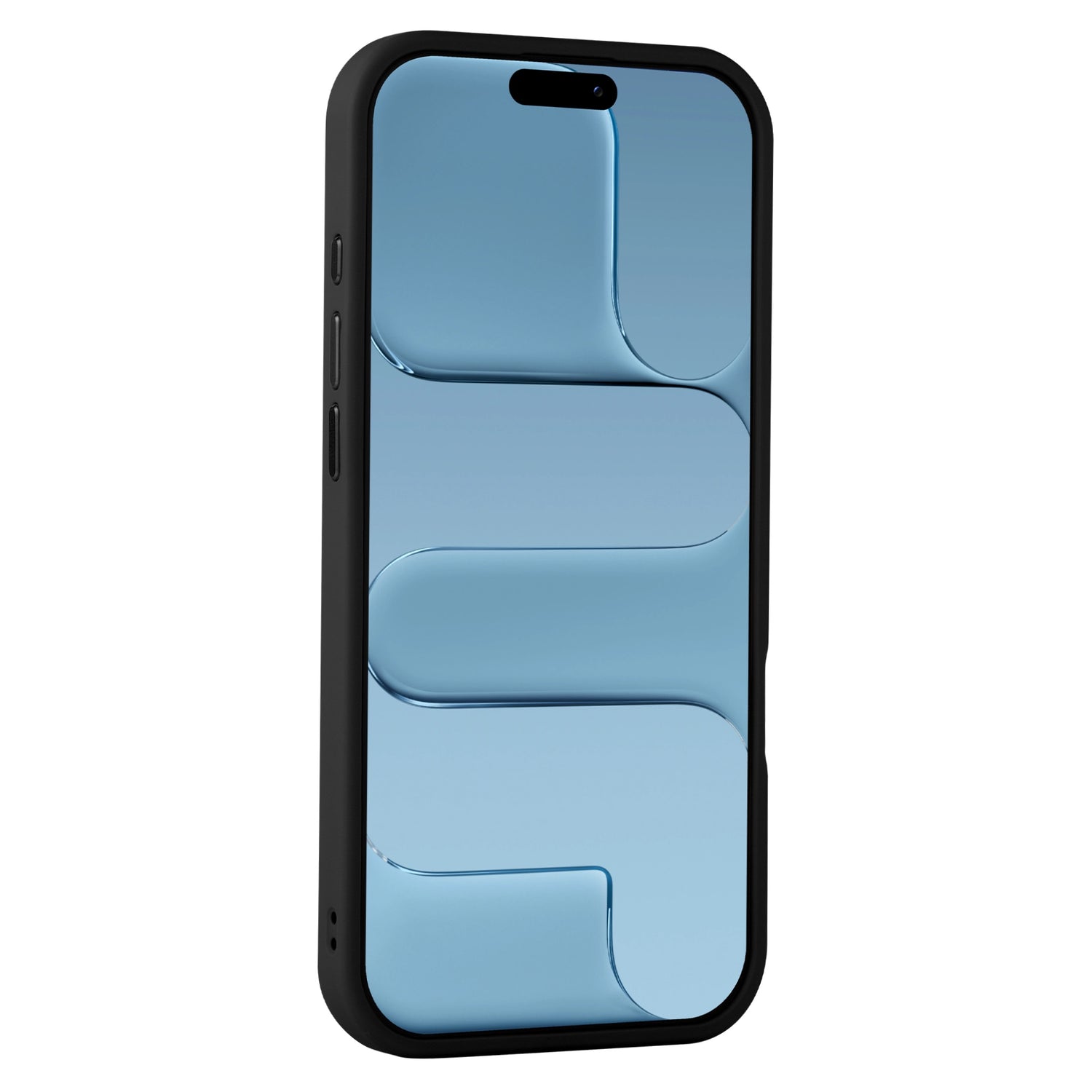 Das Arktis iPhone Air Solid Case mit MagSafe von Arktis bietet zuverlässigen Schutz für dein Gerät. Die abgebildete schwarze Hülle zeigt ein iPhone mit blauem Abstract-Design auf dem Display aus schräger Perspektive.