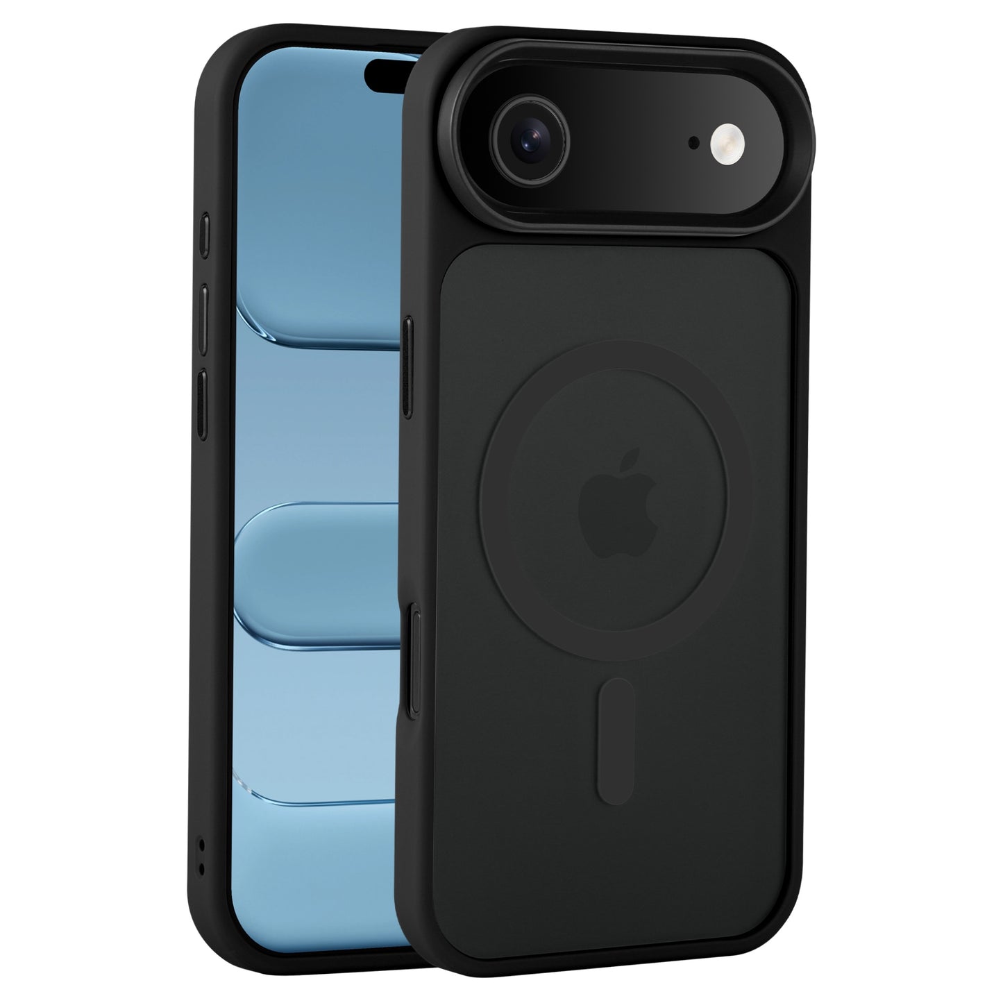 Die Arktis iPhone Air Solid Case mit MagSafe, eine schwarze TPU-Silikon Schutzhülle von Arktis, ist auf einem iPhone mit blau reflektierendem Display zu sehen.
