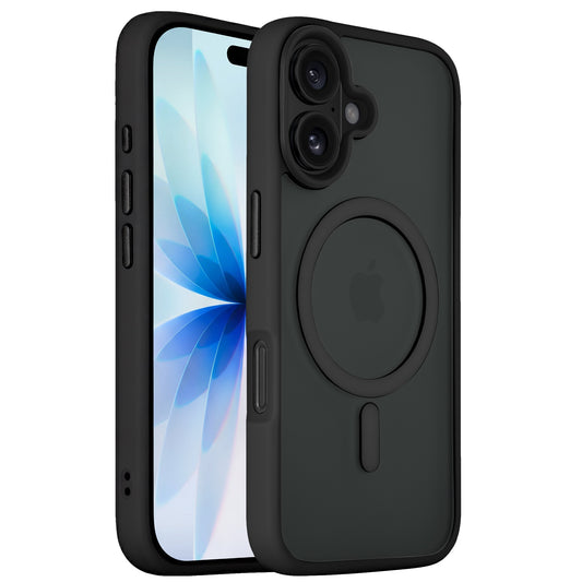 Die Arktis iPhone 17 Solid Case mit MagSafe von Arktis erscheint als matte Schutzhülle, präsentiert auf einem Handy mit blauem Blumen-Hintergrund.
