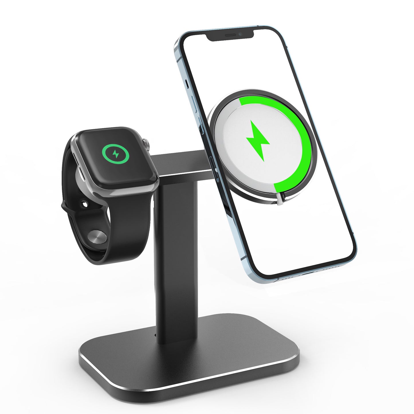 Der arktis MagSafe AluStand für iPhone und Apple Watch von arktis hält und lädt Ihre Apple Watch und Ihr iPhone sicher und zeigt auf beiden Geräten grüne Ladesymbole an.