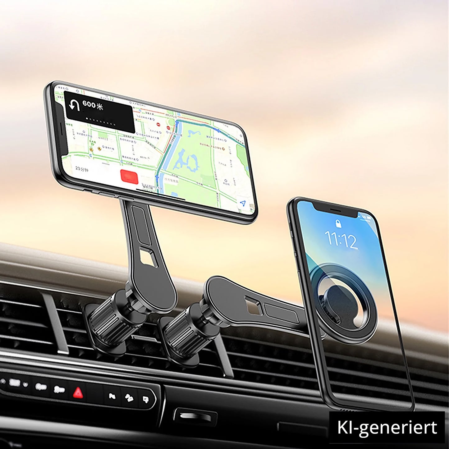 An der ArktisPRO MagSafe Autohalterung von ArktisPRO sind zwei Smartphones befestigt; eines zeigt eine Karte, das andere den Sperrbildschirm. KI-generiert.