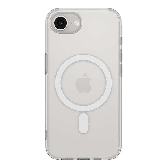 Das arktis iPhone 16e Air Case mit MagSafe ist ein transparentes, stoßfestes Case mit sichtbarem Apple Logo und kreisförmigem, MagSafe-kompatiblem Ring auf der Rückseite.