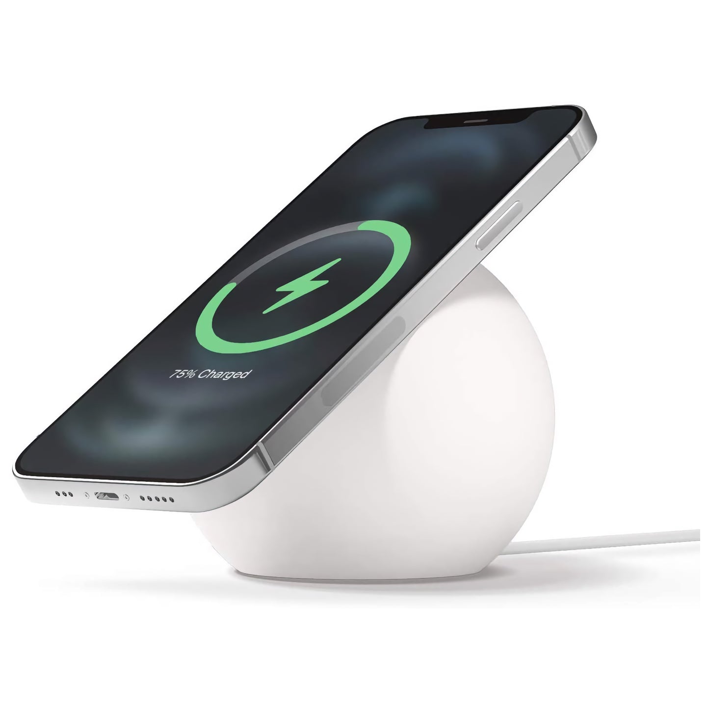 Ein Smartphone wird auf dem weißen arktis MagSafe Orbit Stand mit kabellosem Laden und einem Ladesymbol auf dem Bildschirm aufgeladen.