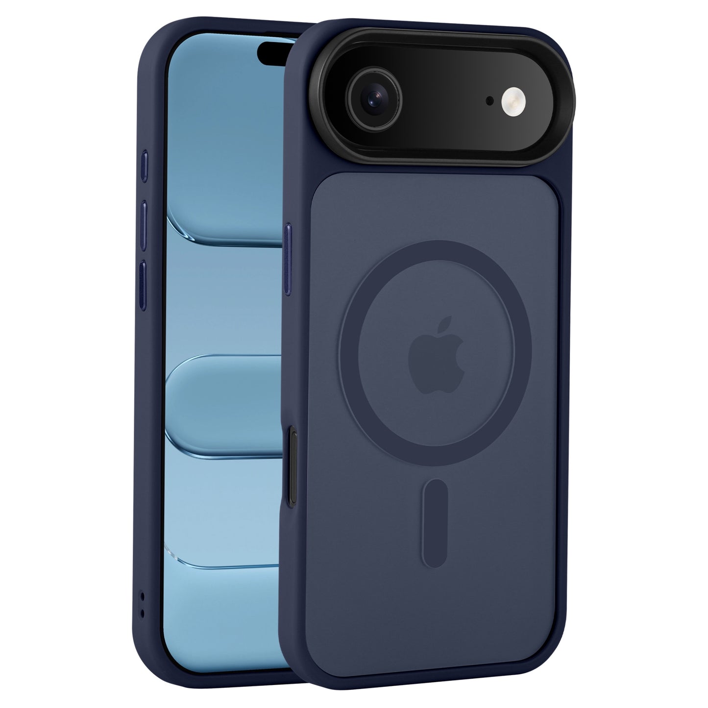 Die Arktis iPhone Air Solid Case mit MagSafe von Arktis schützt dein iPhone mit einer TPU-Silikon-Hülle in Blau, zeigt vorne das Display und hinten das Apple-Logo.