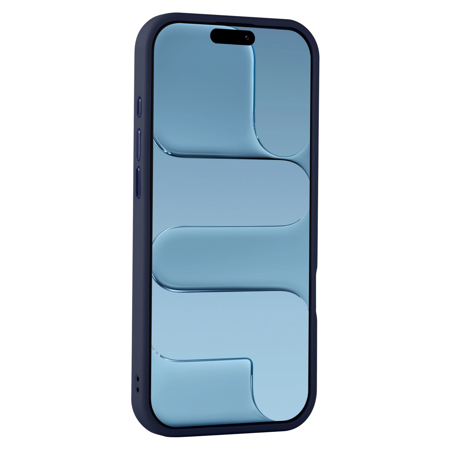Das Arktis iPhone Air Solid Case mit MagSafe von Arktis schützt das Smartphone mit einem dunkelblauen TPU-Silikon-Design und einem blauen abstrakten Muster auf dem Bildschirm.