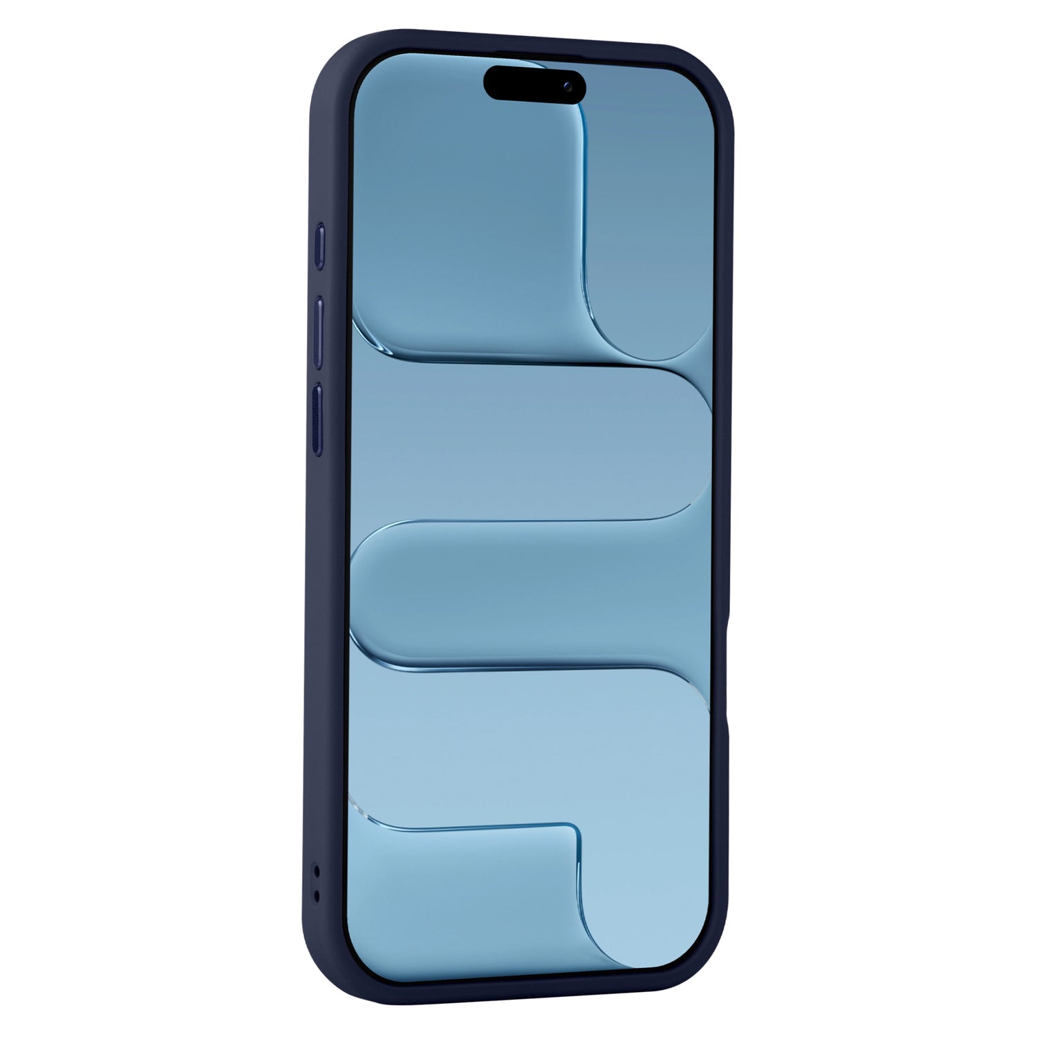 Das Arktis iPhone Air Solid Case mit MagSafe von Arktis schützt das Smartphone mit einem dunkelblauen TPU-Silikon-Design und einem blauen abstrakten Muster auf dem Bildschirm.