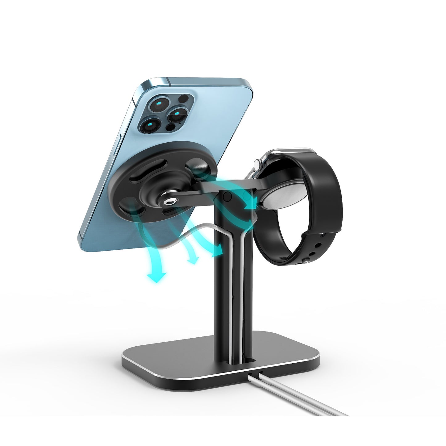 Der arktis MagSafe AluStand für iPhone und Apple Watch von arktis ist eine elegante schwarze Aluminium-Halterung mit verstellbarem Blickwinkel - ideal als Ladestation für dein iPhone und deine Apple Watch.