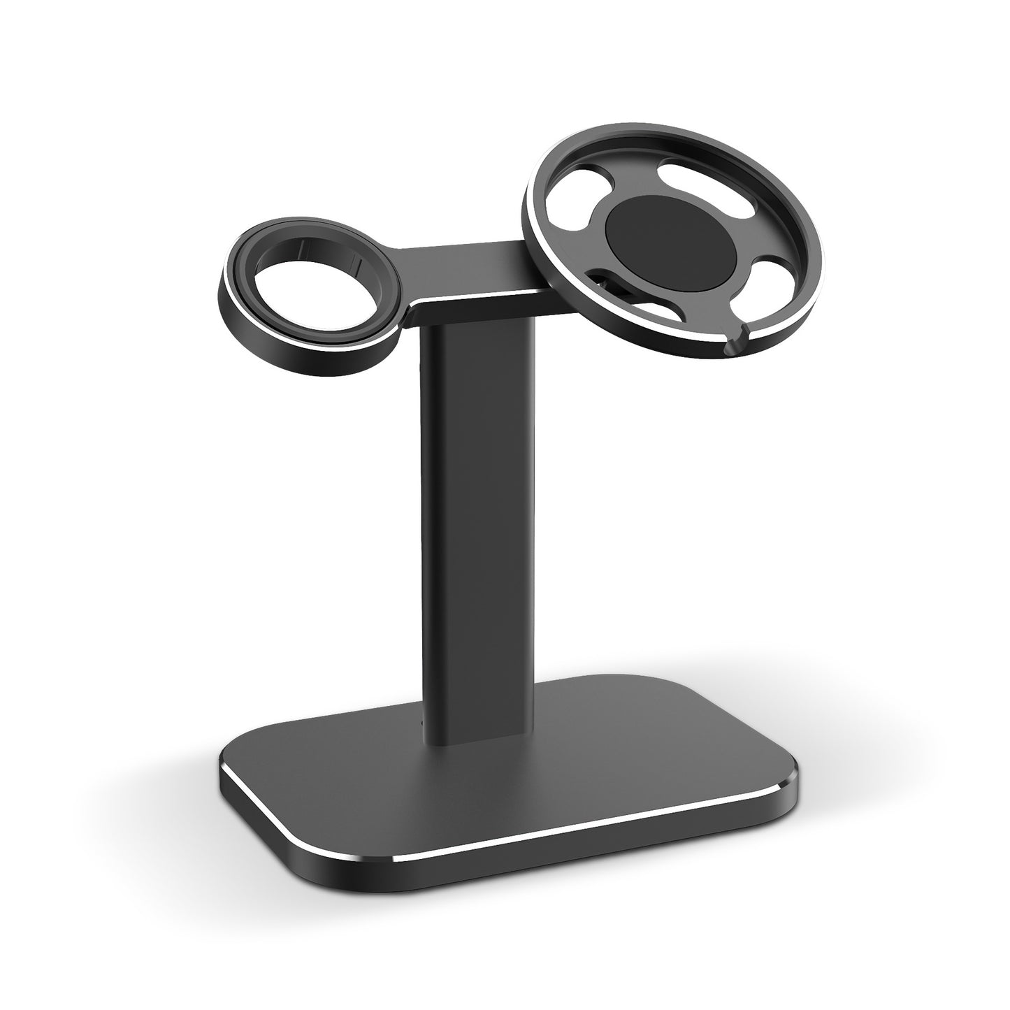 Der arktis MagSafe AluStand für iPhone und Apple Watch bietet zwei runde Halterungen auf rechteckigem Sockel - die stilvolle Marken-Ladestation von arktis zum ordentlichen Laden und Organisieren Ihrer Geräte.