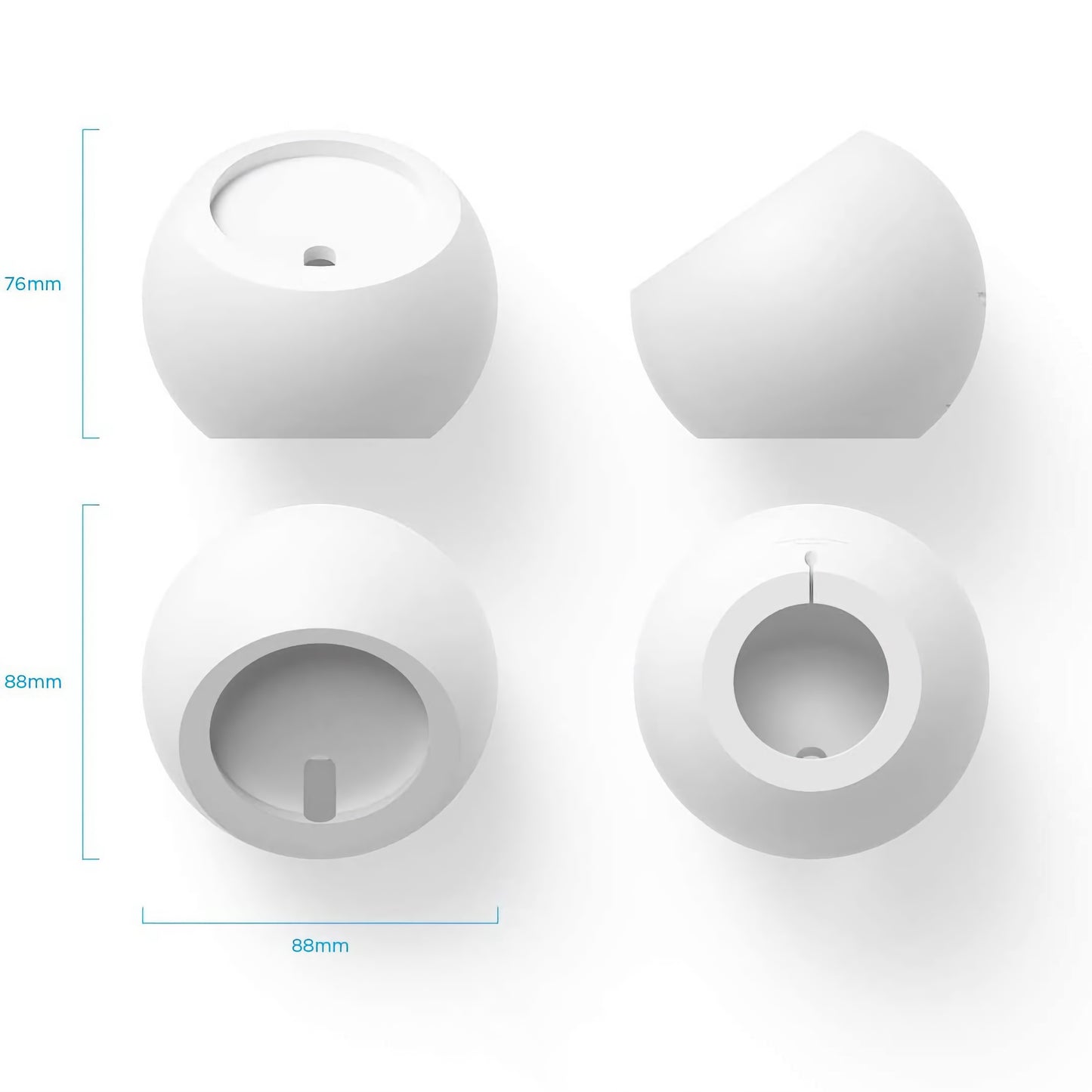 Vier weiße, kugelförmige Objekte mit verschiedenen Ausschnitten, aus unterschiedlichen Blickwinkeln gezeigt und mit Maßen beschriftet, veranschaulichen das Design des arktis MagSafe Orbit Stands für kabelloses Laden von arktis.