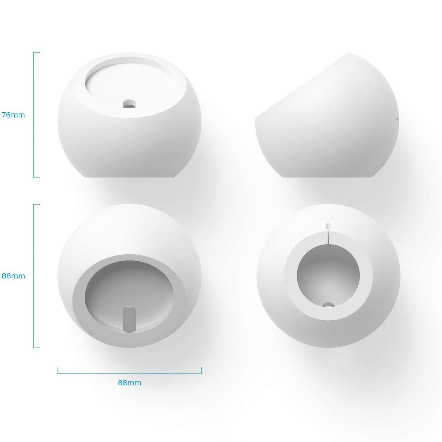 Vier weiße, kugelförmige Objekte mit verschiedenen Ausschnitten, aus unterschiedlichen Blickwinkeln gezeigt und mit Maßen beschriftet, veranschaulichen das Design des arktis MagSafe Orbit Stands für kabelloses Laden von arktis.