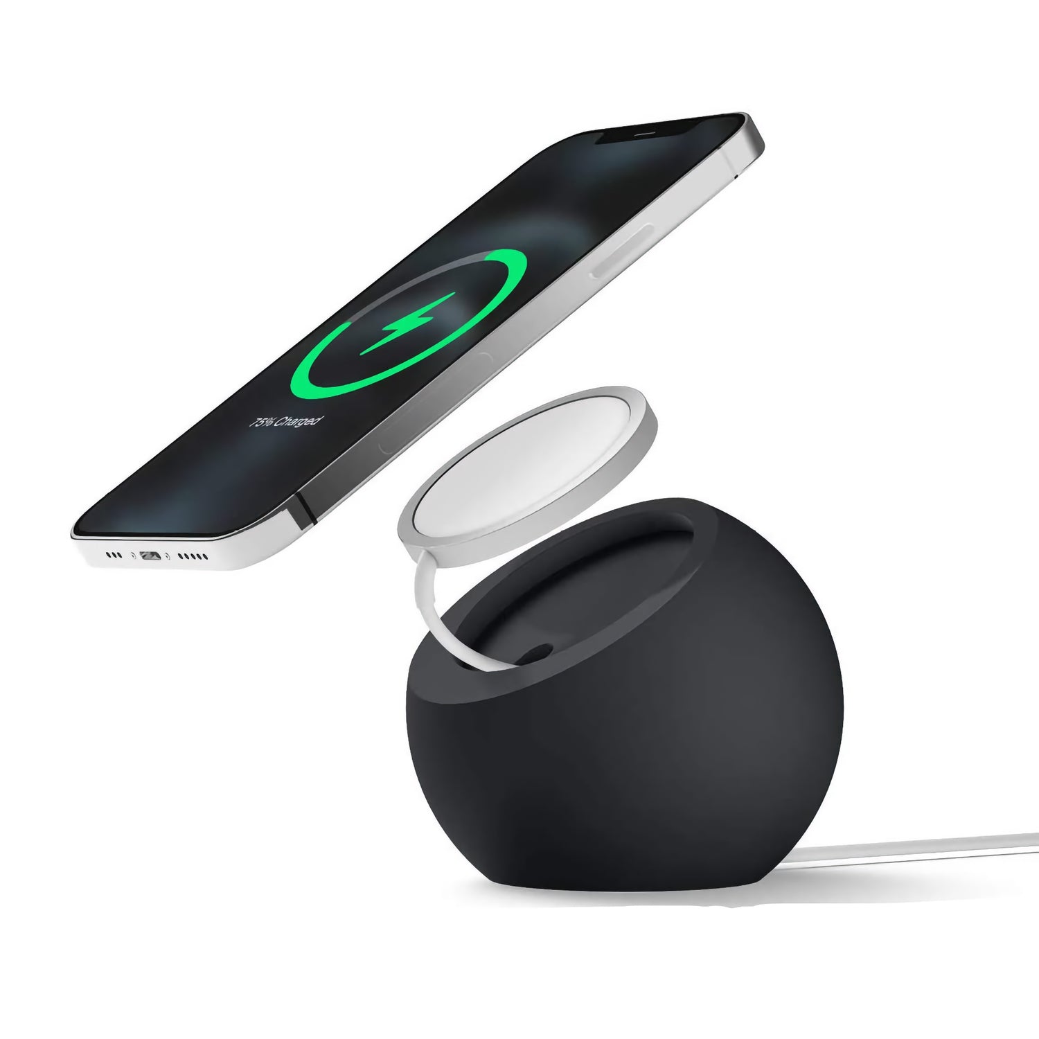 Ein arktis Smartphone schwebt über dem arktis MagSafe Orbit Stand, der ein Ladepad und ein Kabel für kabelloses Laden enthält.
