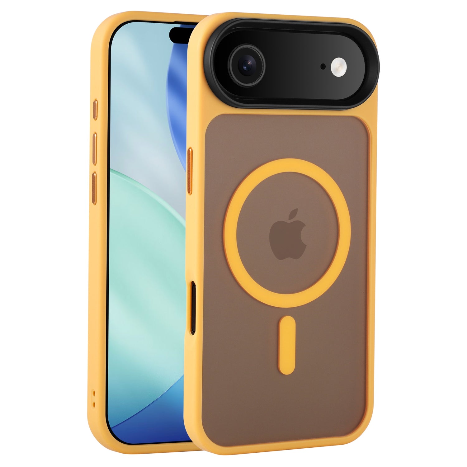 Die arktis iPhone Air Solid Case mit MagSafe von Arktis in Gelb und Braun, MagSafe-kompatibel, wird auf und neben einem iPhone mit blau-grünem Display gezeigt.