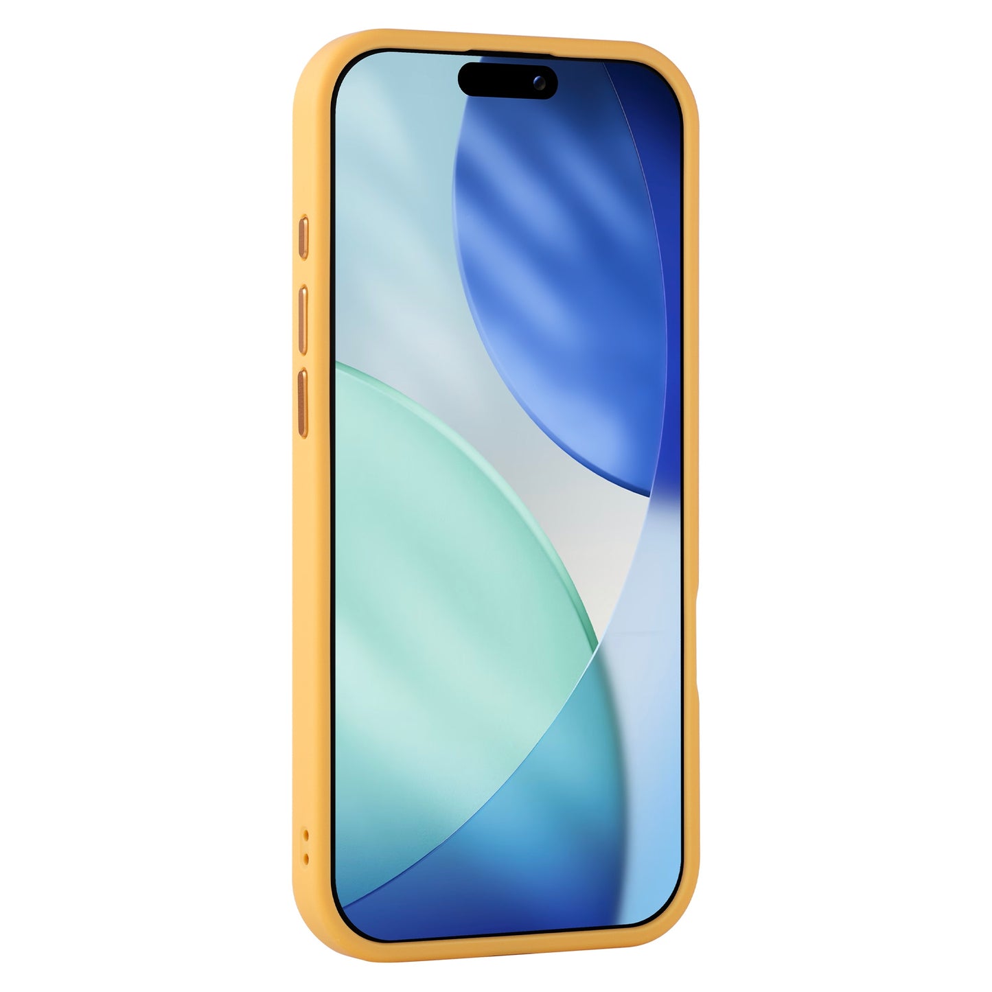 Ein Arktis iPhone Air Solid Case mit MagSafe in gelb-matt schützt ein Smartphone, das ein blaues und grünes abstraktes Design auf dem Bildschirm zeigt.