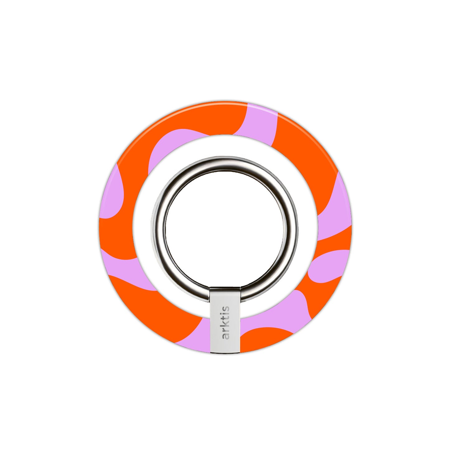 Der arktis Magnetischer Ringhalter für MagSafe - Knokke Queen besticht durch sein rundes Design mit einem abstrakten Muster in Orange und Pink und einem silbernen MagSafe Ring - ideal als stylisches iPhone Zubehör.