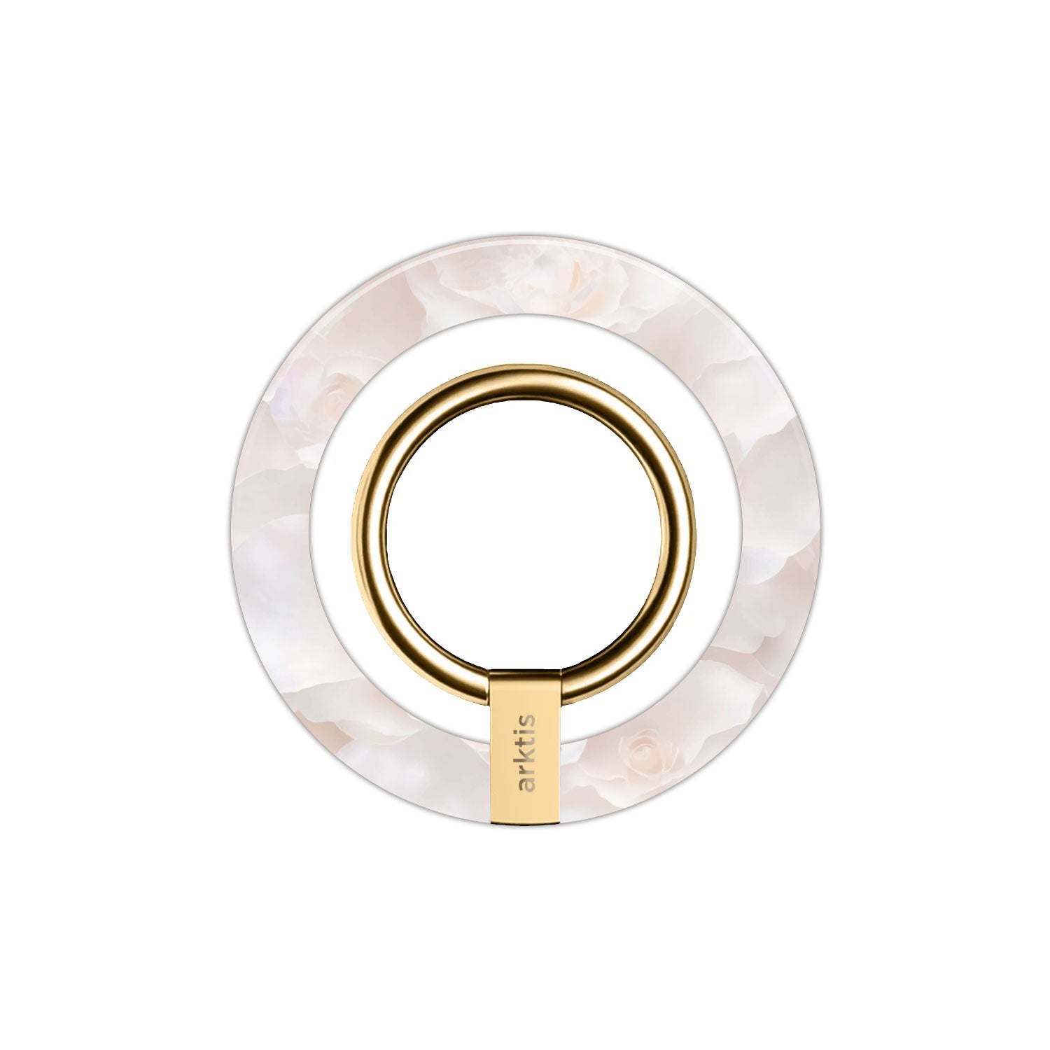 Der arktis iPhone MagSafe Ring Halter ist ein rundes, gold-weißes Accessoire mit floralem Muster und "arktis"-Gravur auf der Goldfläche - ideal als stilvolles iPhone Zubehör.