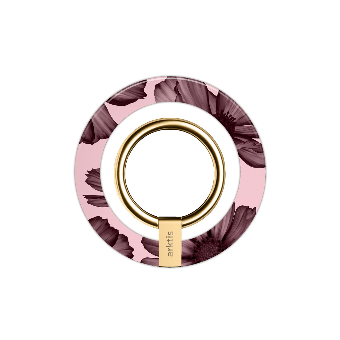 Der arktis Magnetischer Ringhalter für MagSafe - Bloom Case zeigt ein rosa und dunkles Blumendesign mit einem goldenen Ring und einem N52-Magneten und ist damit das stilvolle Griff-Accessoire und iPhone Zubehör, das Sie brauchen. Präsentiert auf einem weißen Hintergrund.