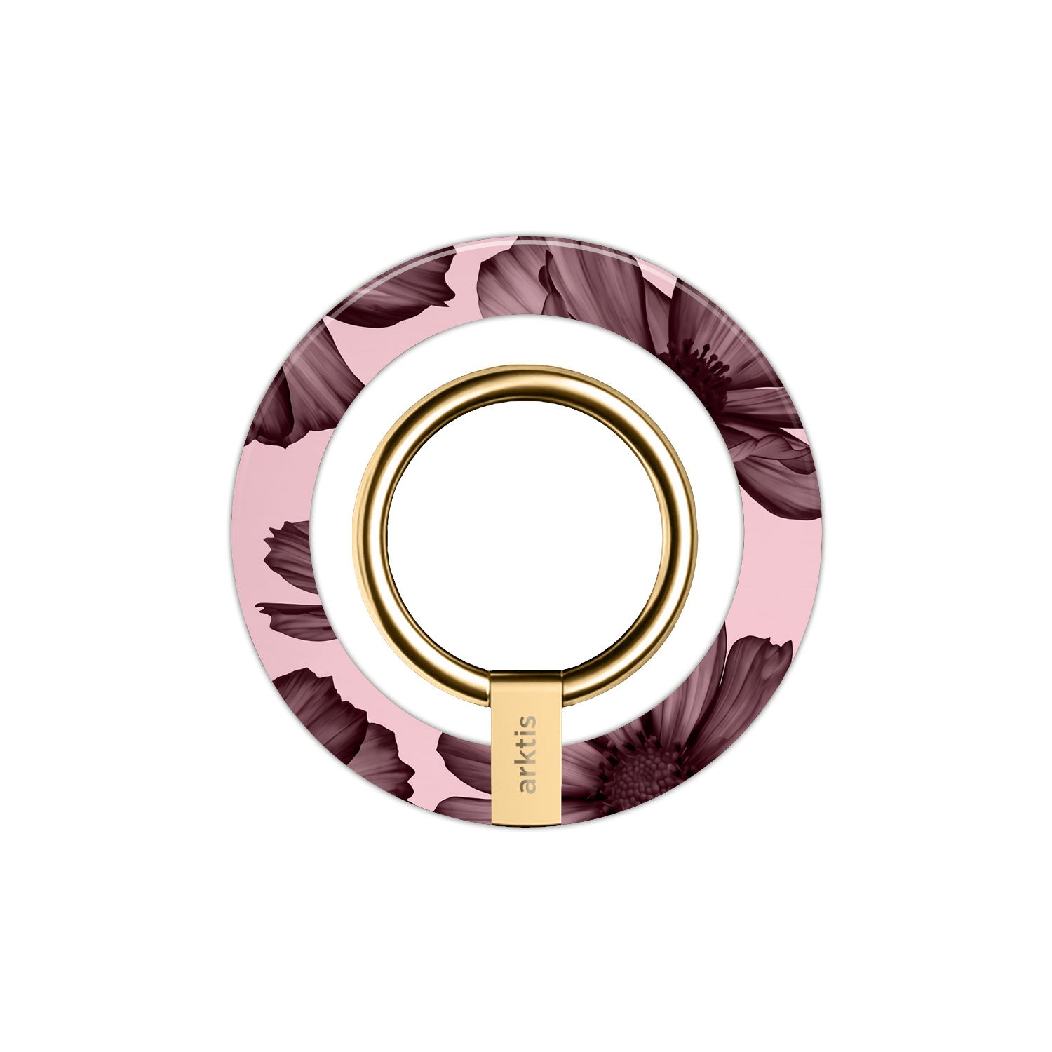 Der arktis Magnetischer Ringhalter für MagSafe - Bloom Case zeigt ein rosa und dunkles Blumendesign mit einem goldenen Ring und einem N52-Magneten und ist damit das stilvolle Griff-Accessoire und iPhone Zubehör, das Sie brauchen. Präsentiert auf einem weißen Hintergrund.