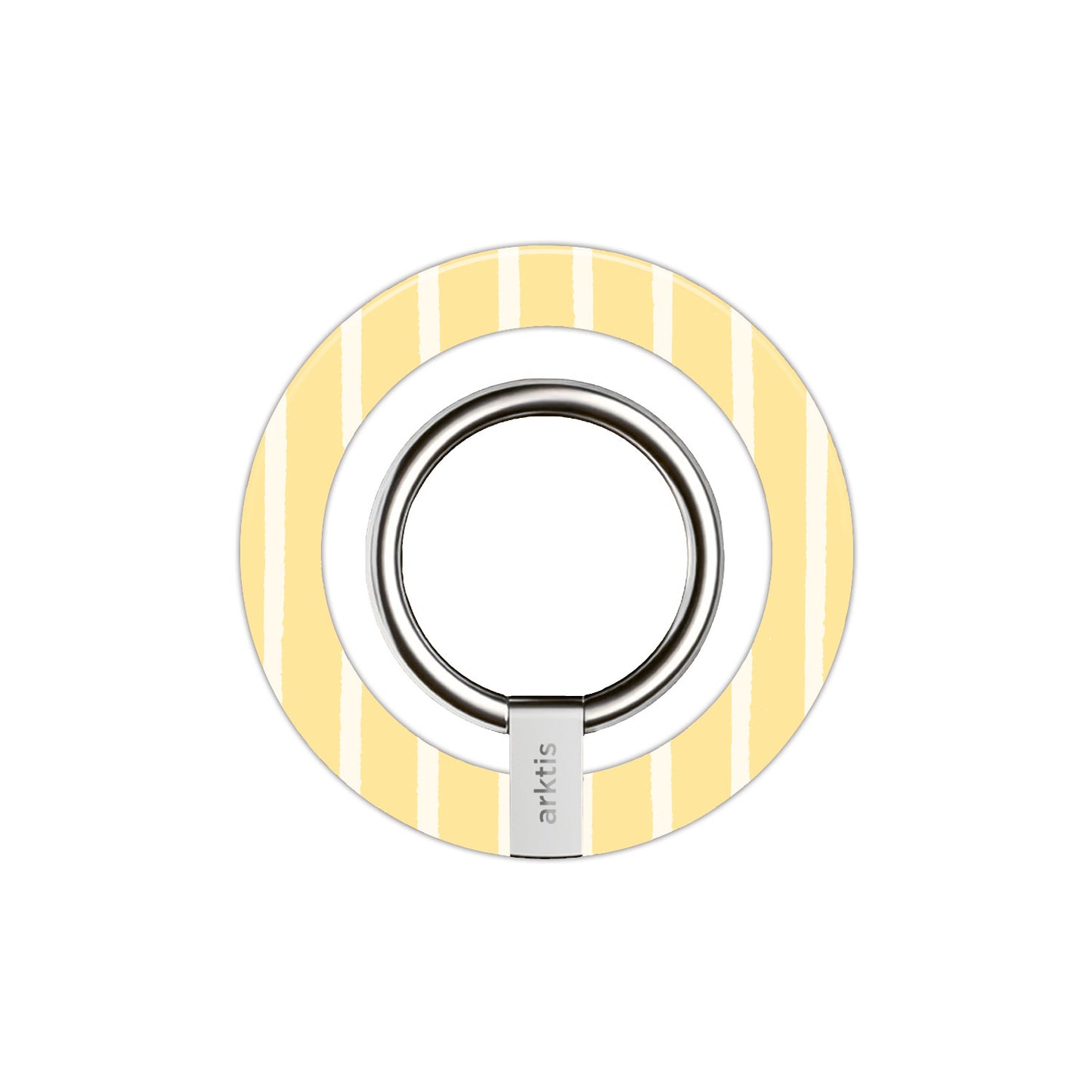 Der arktis Magnetischer Ringhalter für MagSafe - Sunny Stripes verfügt über gelbe und weiße Streifen, einen starken N52-Magneten und einen silbernen Metallring für die sichere und stilvolle Nutzung des iPhone.
