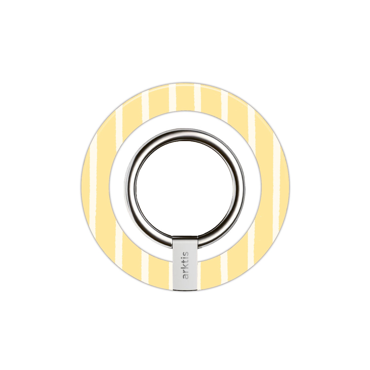Der arktis Magnetischer Ringhalter für MagSafe - Sunny Stripes verfügt über gelbe und weiße Streifen, einen starken N52-Magneten und einen silbernen Metallring für die sichere und stilvolle Nutzung des iPhone.