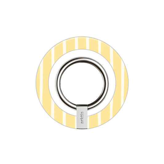 Der arktis Magnetischer Ringhalter für MagSafe - Sunny Stripes verfügt über gelbe und weiße Streifen, einen starken N52-Magneten und einen silbernen Metallring für die sichere und stilvolle Nutzung des iPhone.