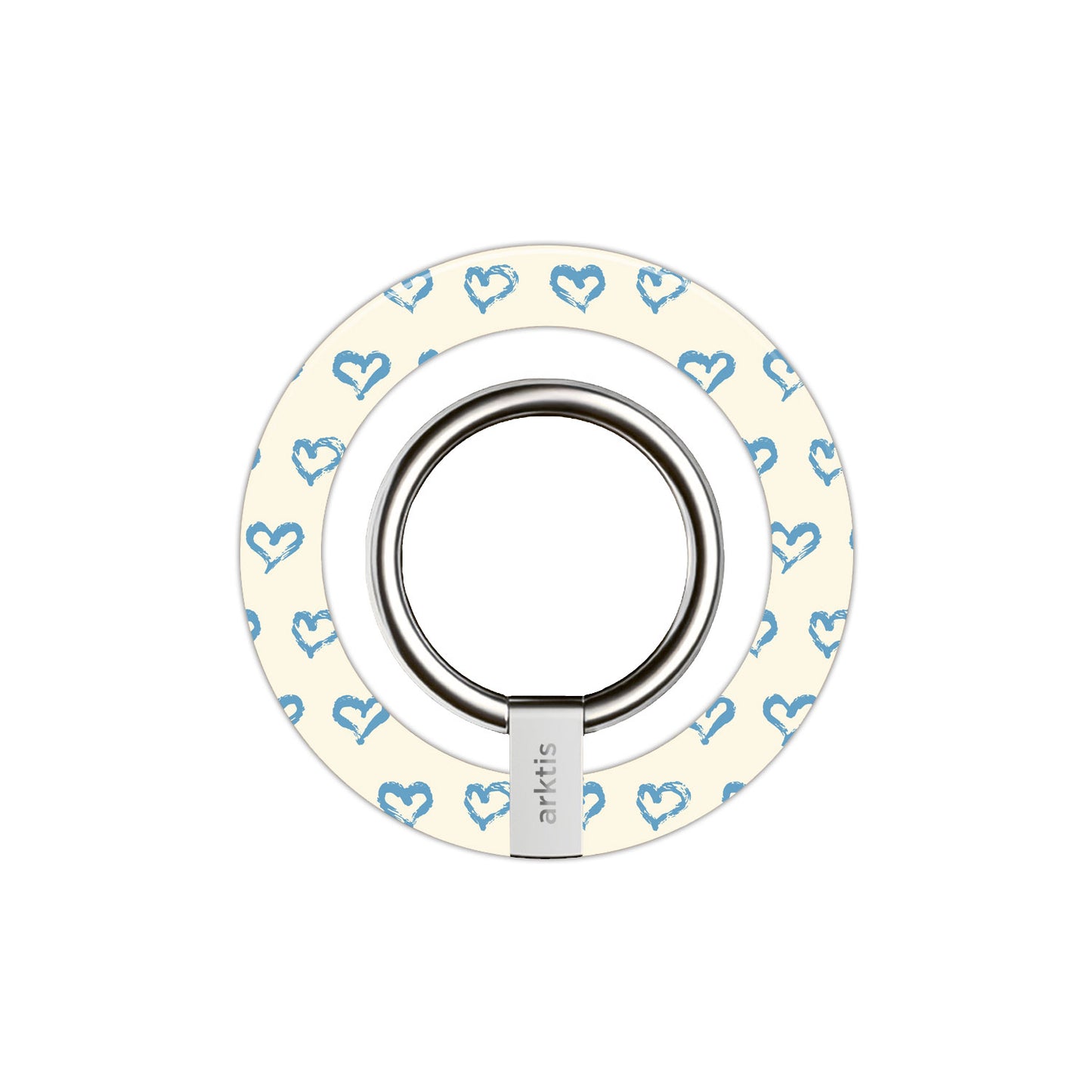 Magnetischer Ringhalter für MagSafe - Blue Hearts von arktis: Runder Griff mit blauem Herzmuster auf Creme, silbernem Ring und N52-Magneten für starken Halt - ein stylisches iPhone Zubehör und perfekter MagSafe Halter.